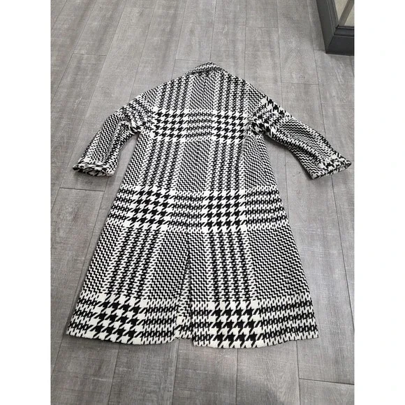 Zara Coat Womens Small Black White Houndstooth Wool Blend Long Tweed Overcoat - Picture 10 of 15